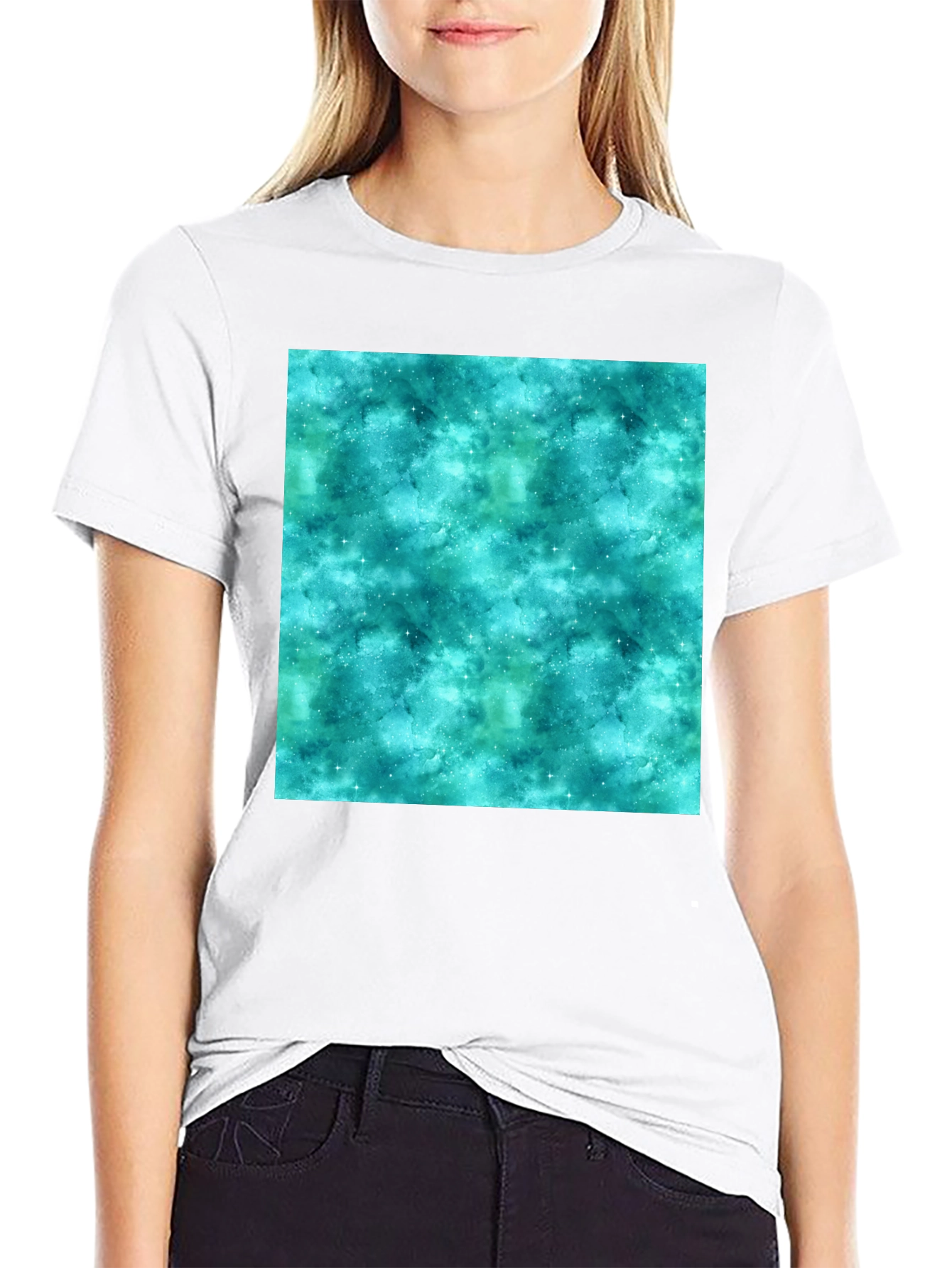 Teal Galaxy Print Black T-Shirt