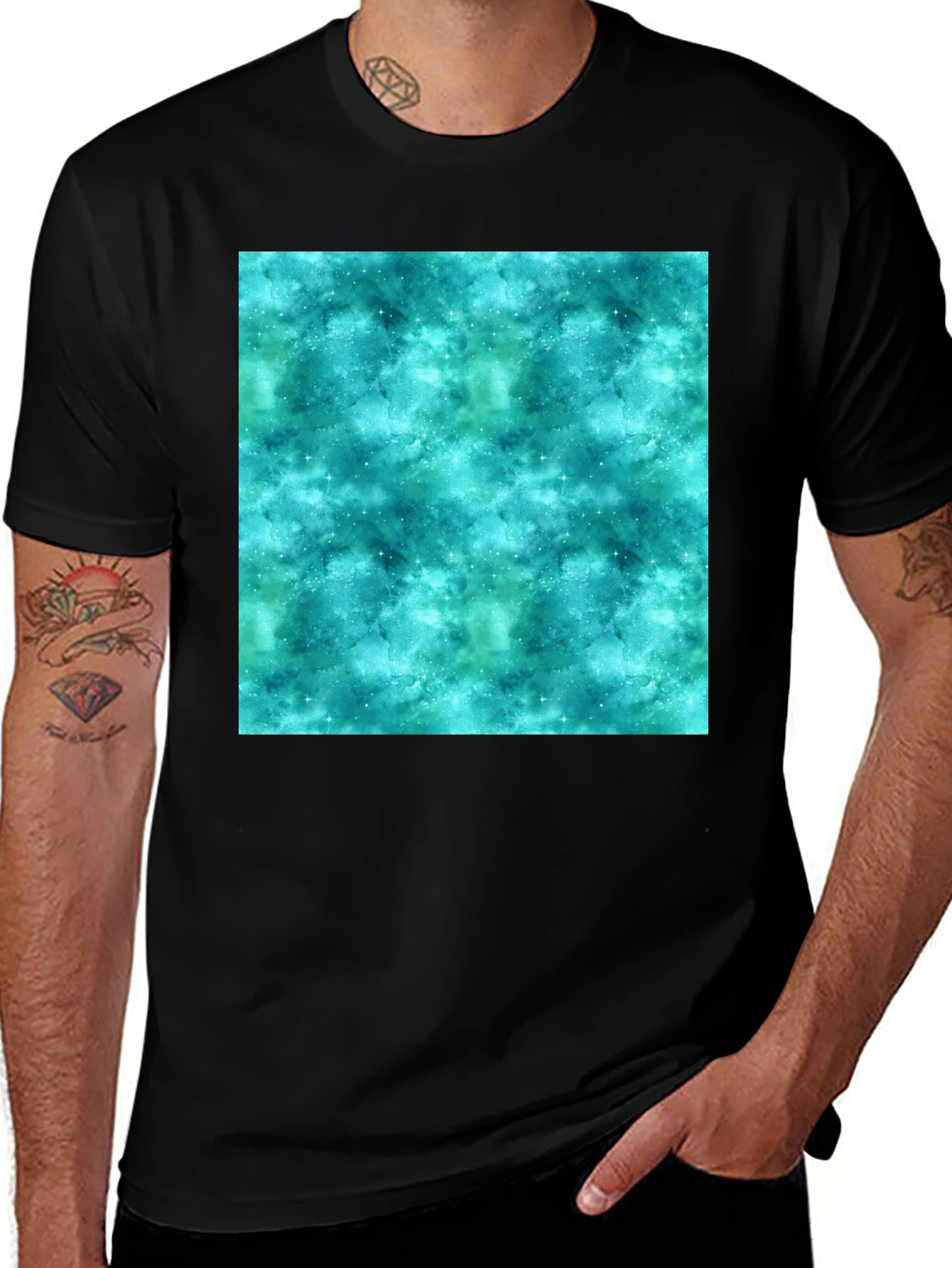 Teal Galaxy Print Black T-Shirt