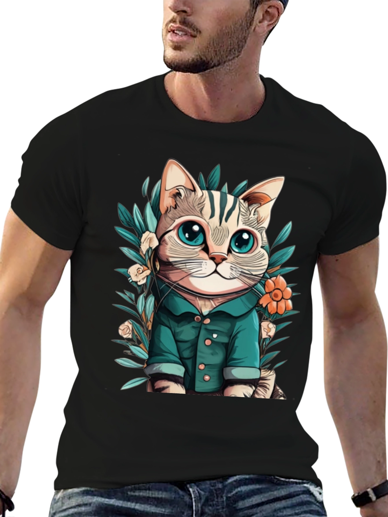 Cat with Flower Cartoon Black T-Shirt
