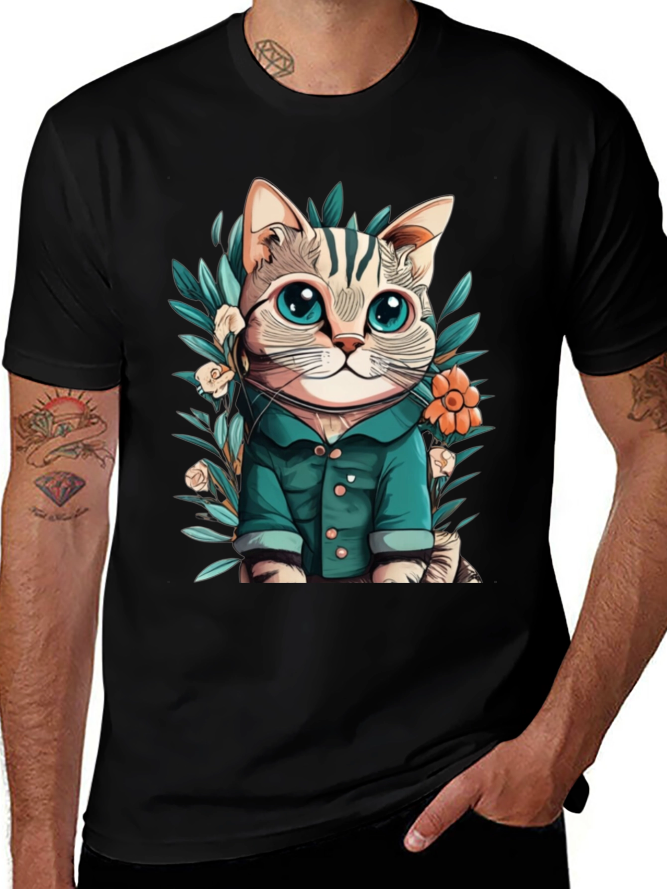 Cat with Flower Cartoon Black T-Shirt