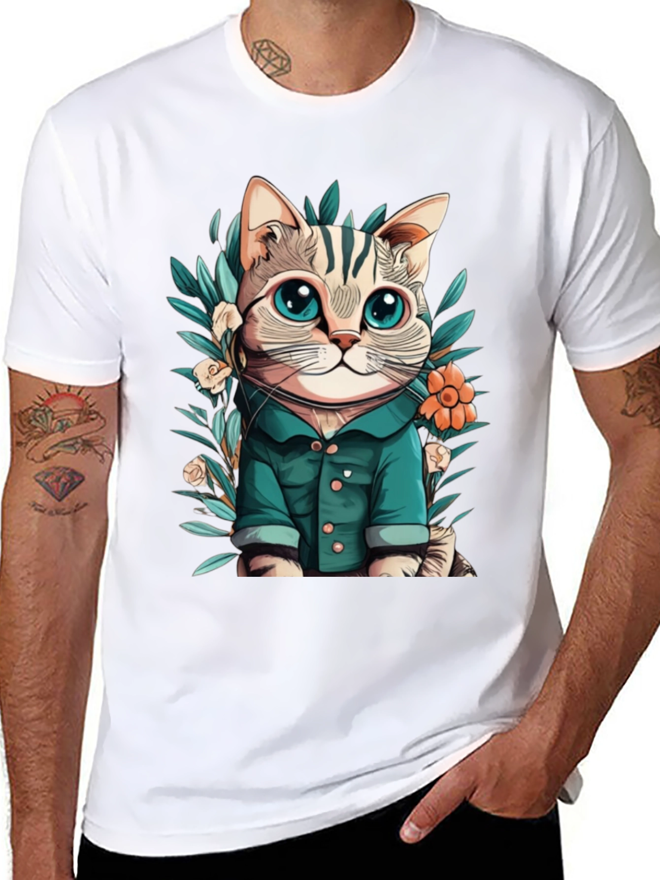 Cat with Flower Cartoon Black T-Shirt