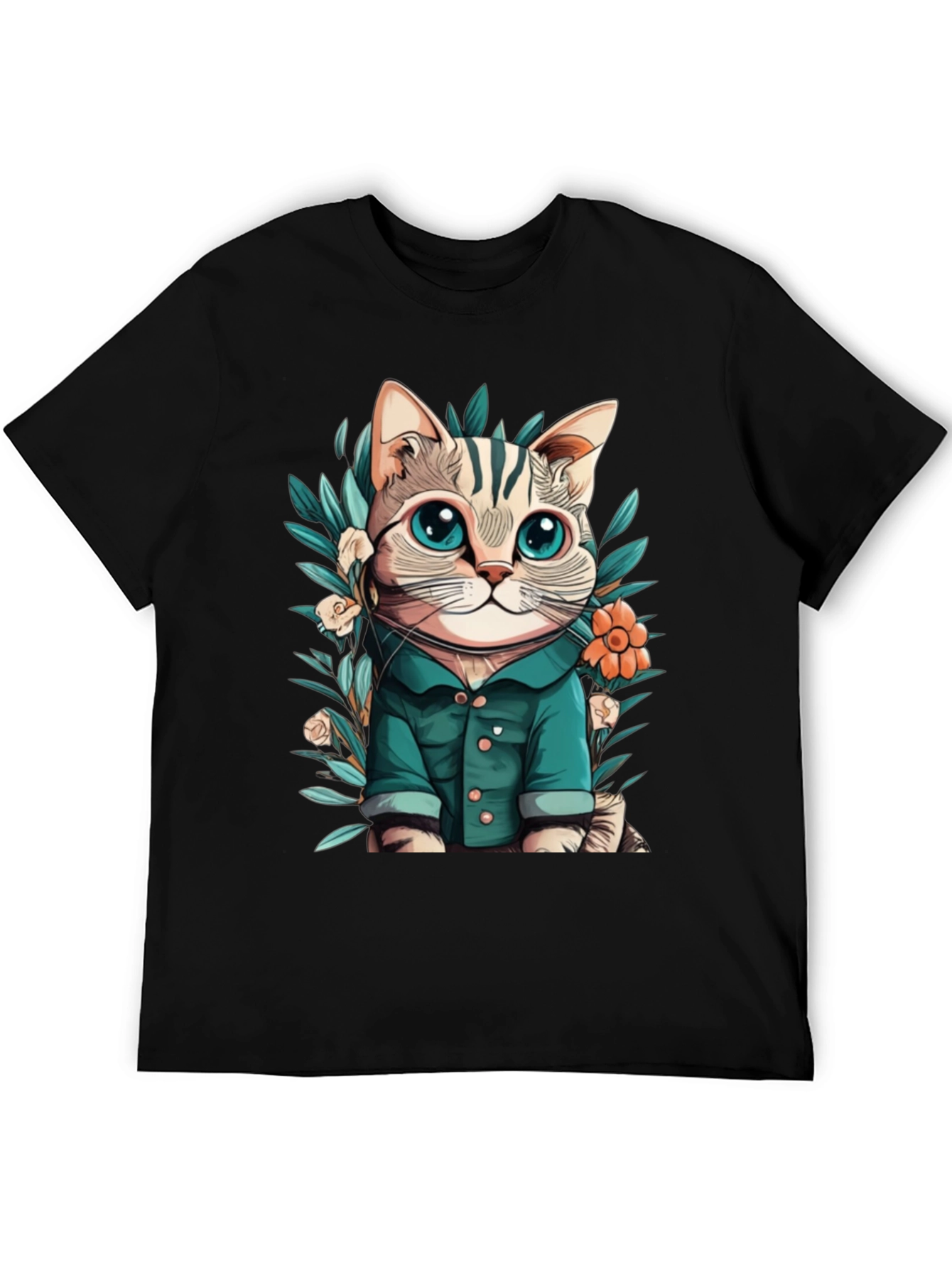 Cat with Flower Cartoon Black T-Shirt