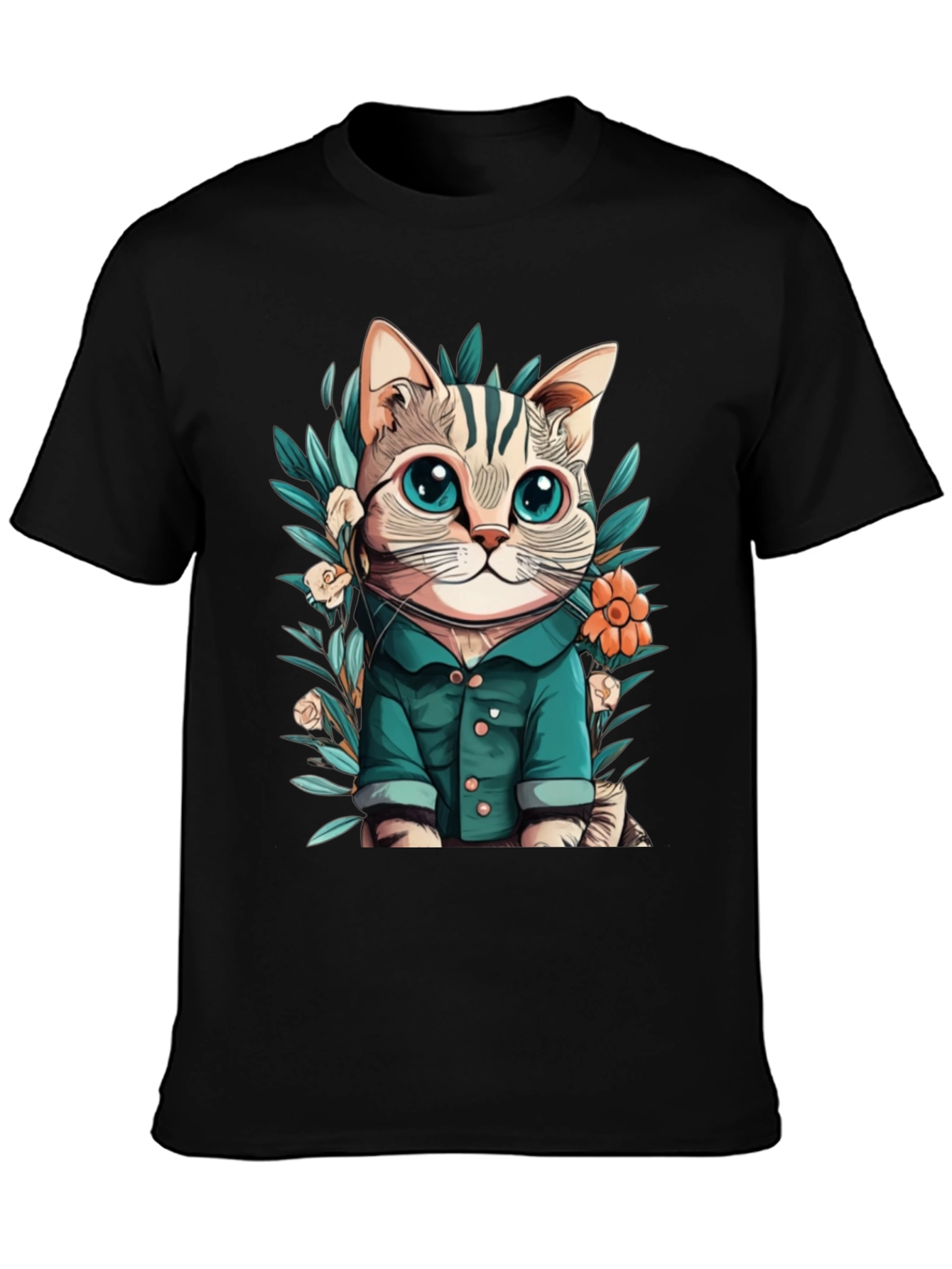 Cat with Flower Cartoon Black T-Shirt