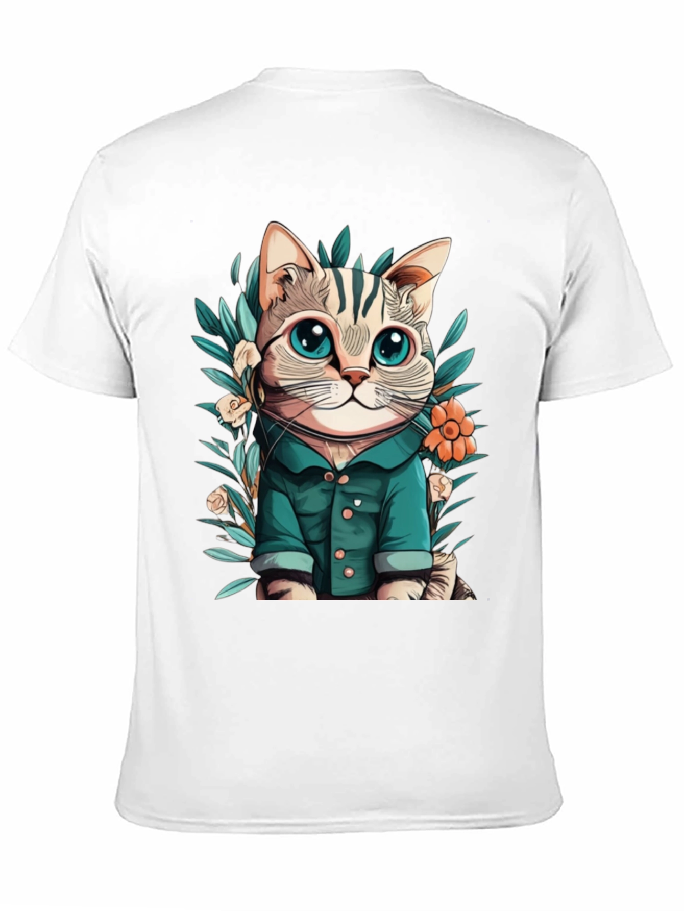 Cat with Flower Cartoon Black T-Shirt