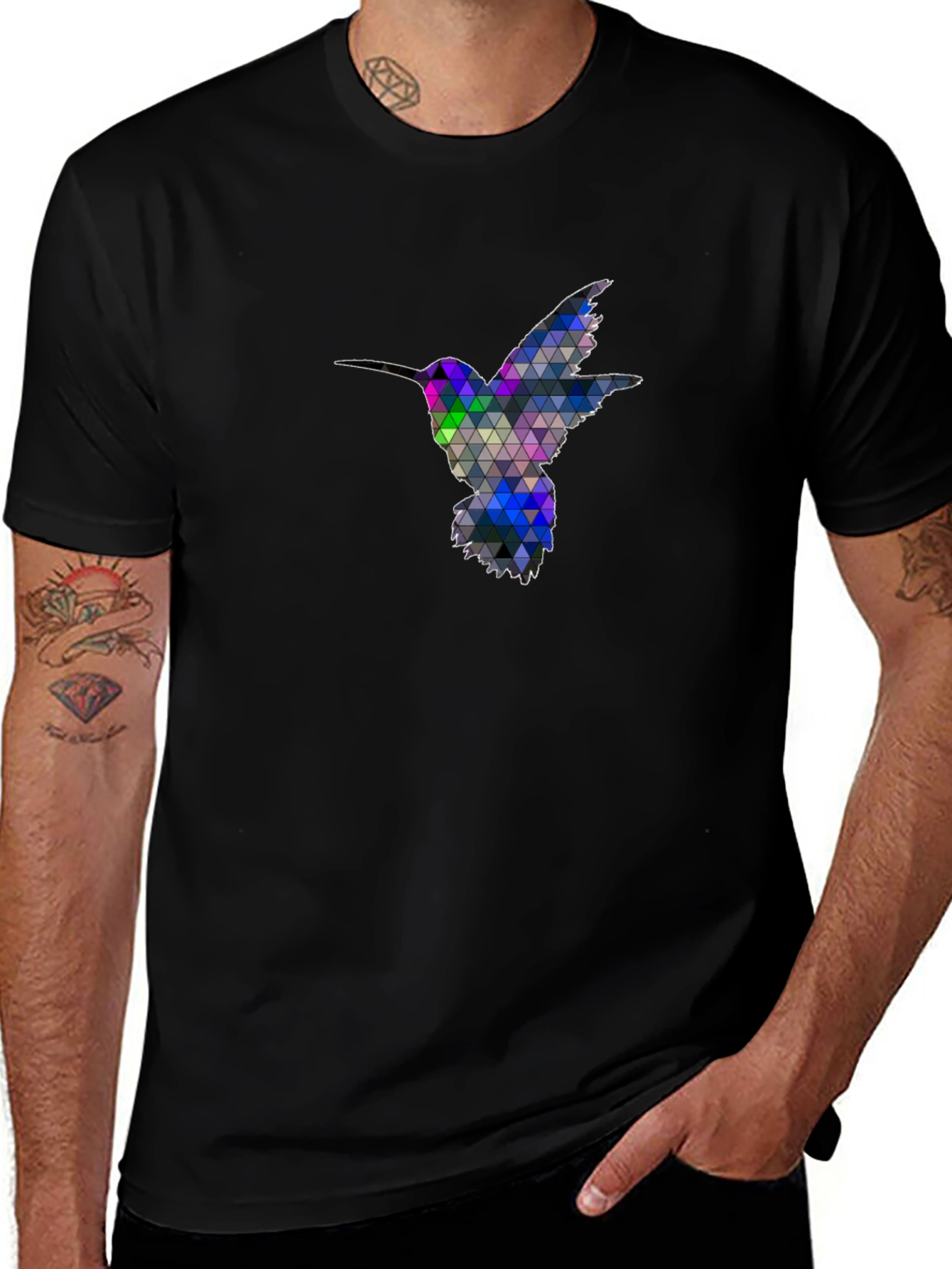 Geometric Hummingbird Graphic Tee - Black