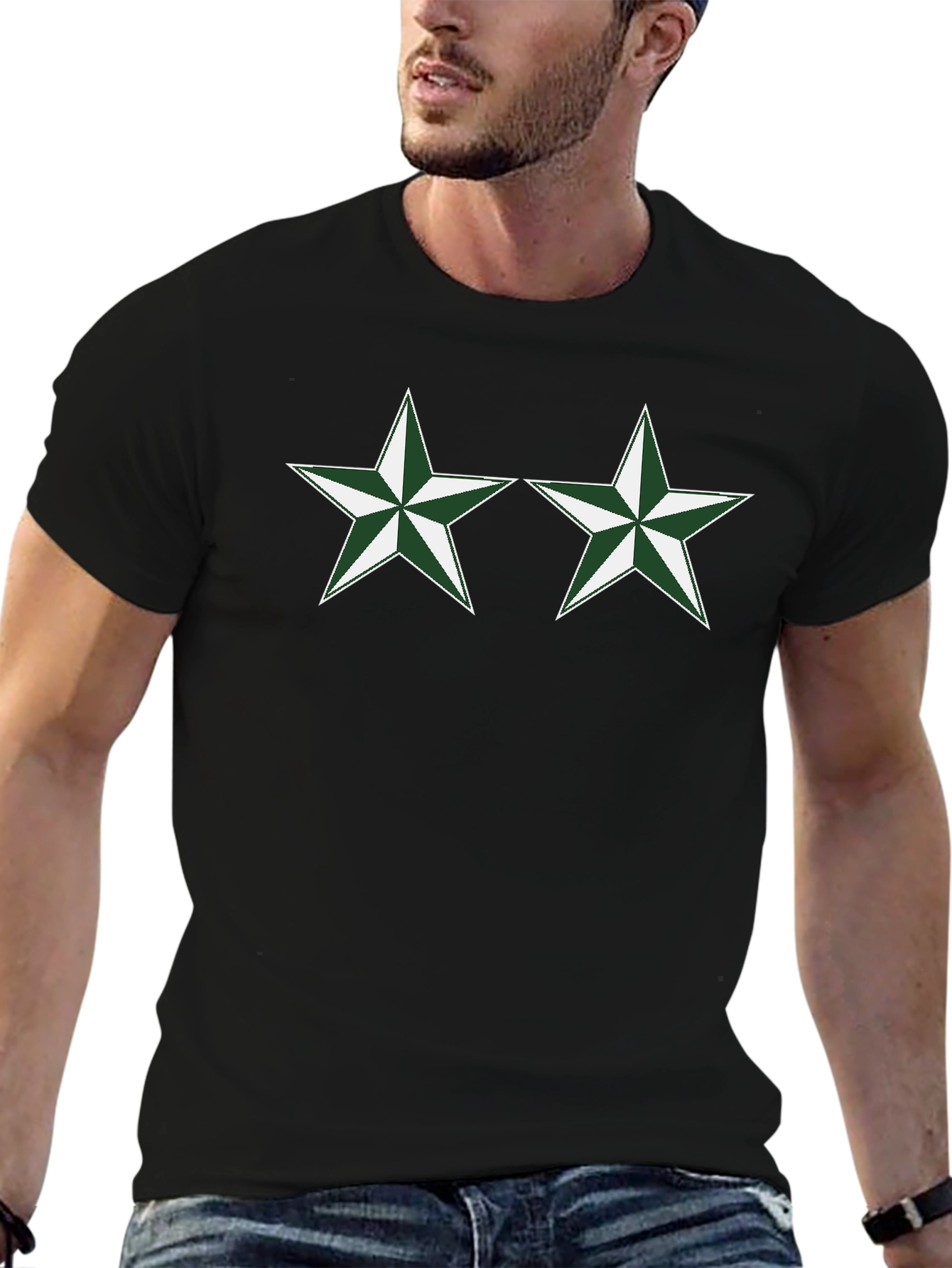 Black T-Shirt with Green Star Design