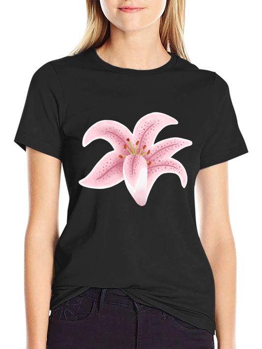 Black T-Shirt with Pink Lily Flower Design