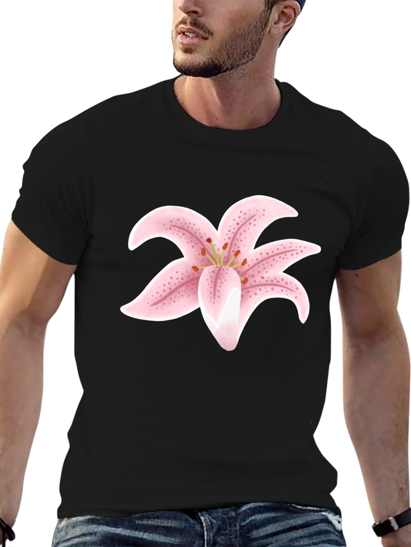 Black T-Shirt with Pink Lily Flower Design