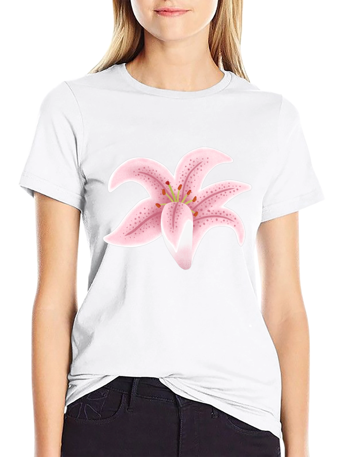 Black T-Shirt with Pink Lily Flower Design