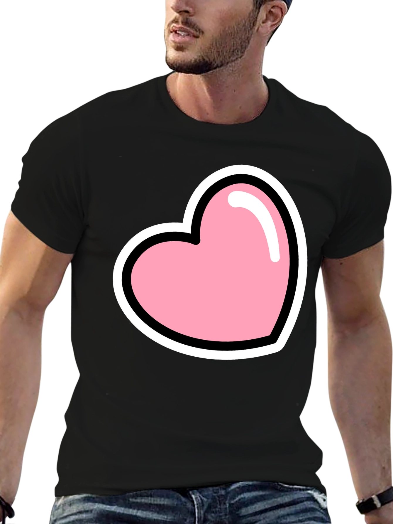 Pink Heart Graphic Black T-Shirt Casual