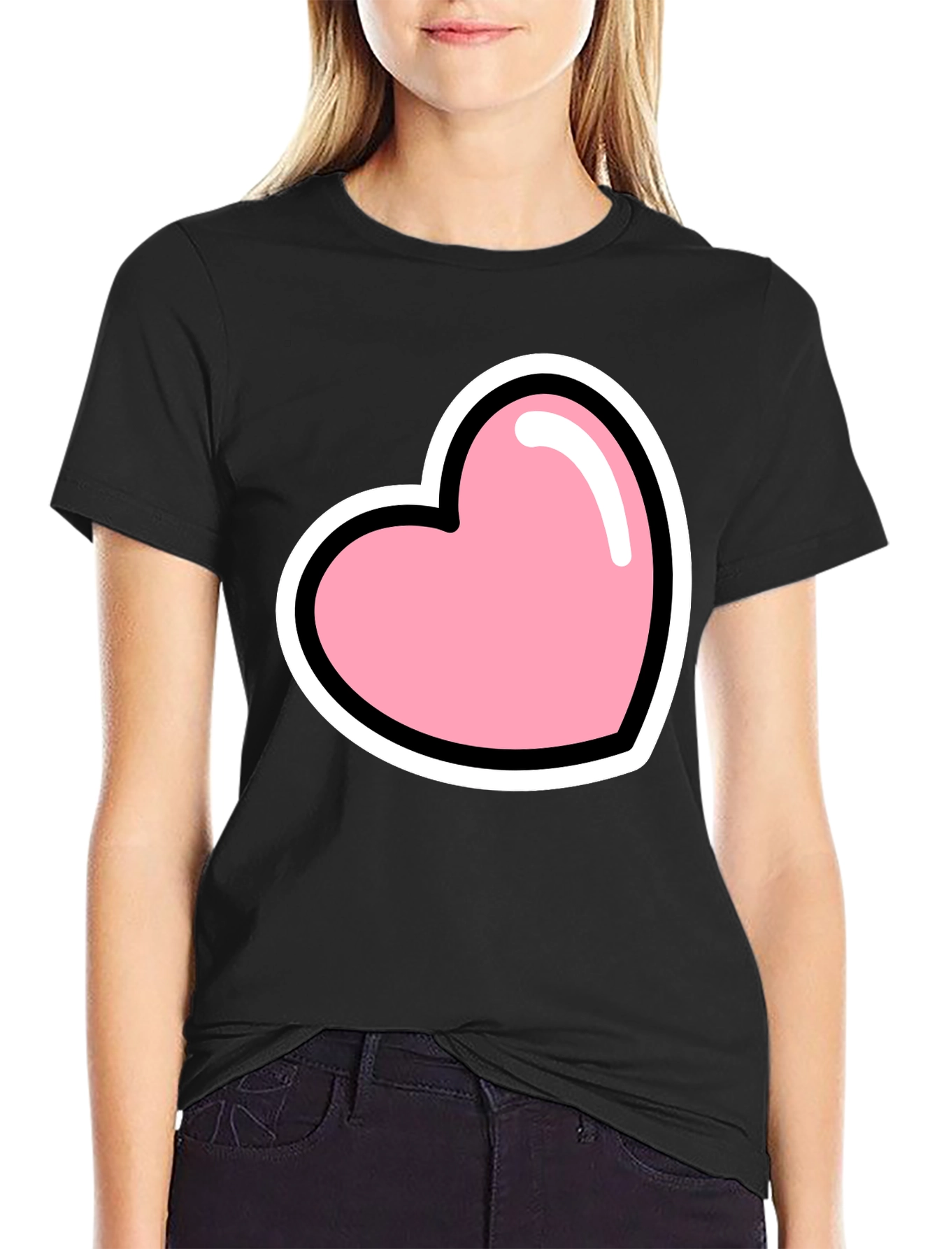 Pink Heart Graphic Black T-Shirt Casual
