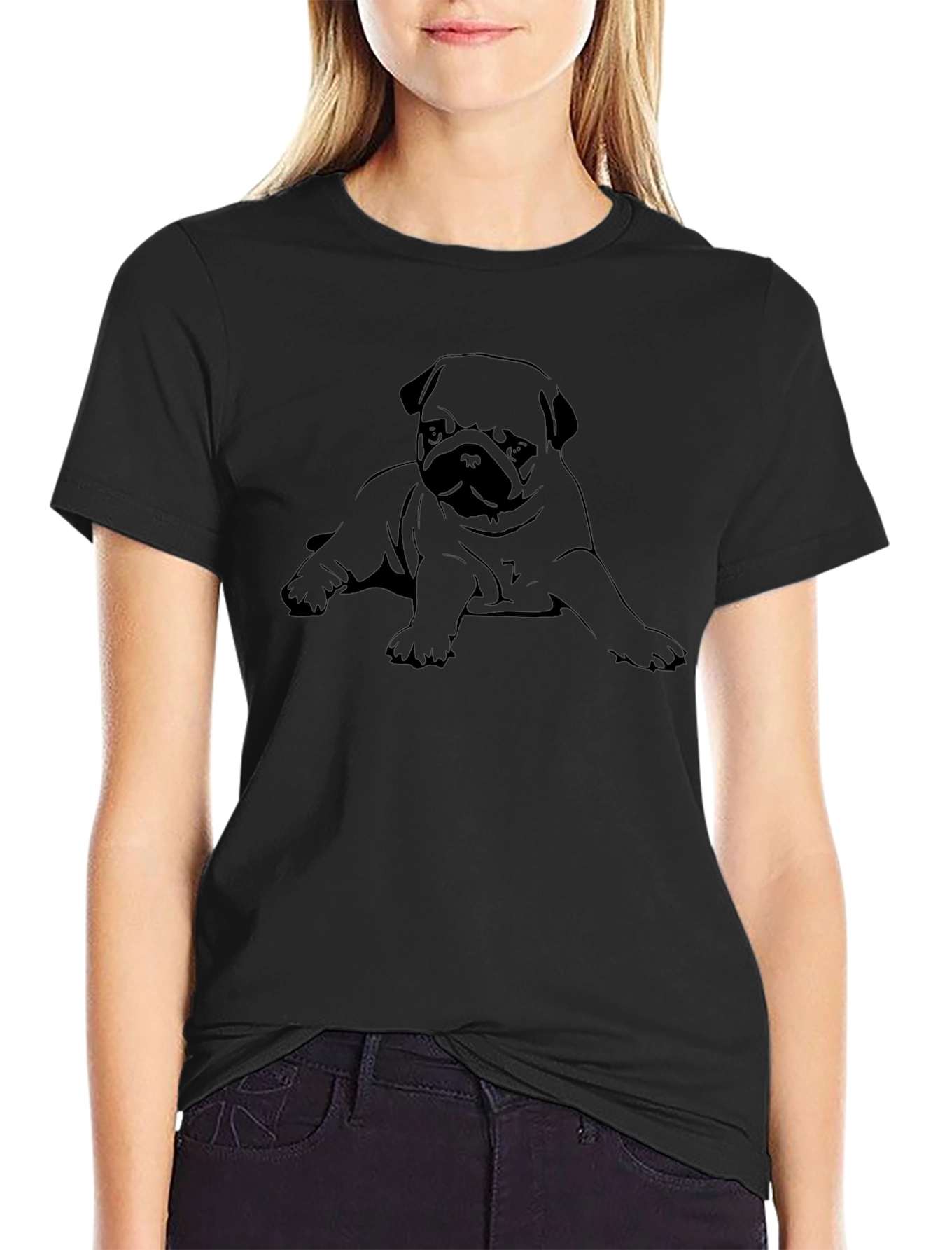Pug Puppy Graphic Print Black Crew Neck T-Shirt