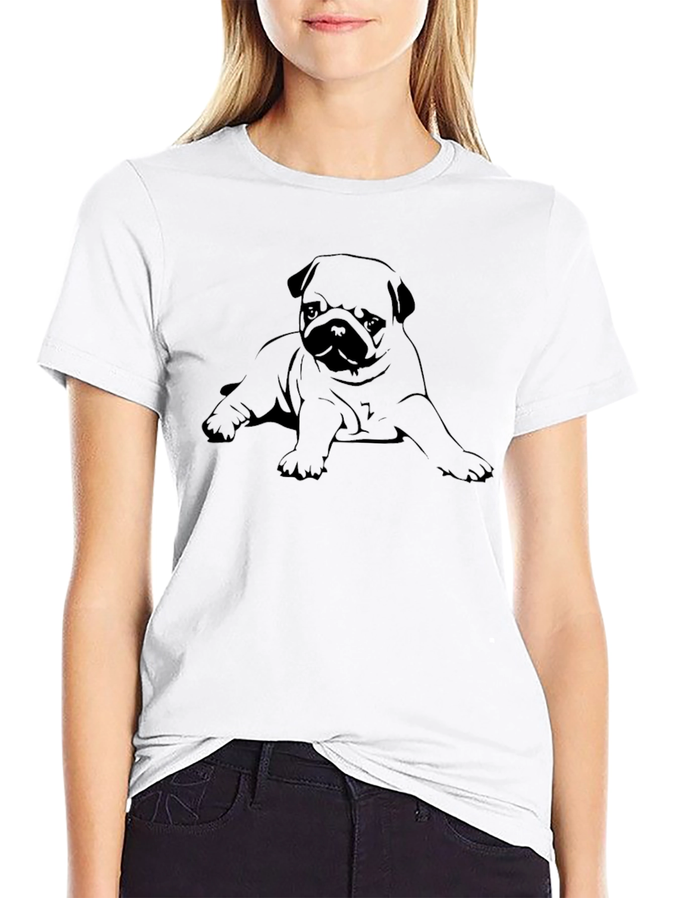 Pug Puppy Graphic Print Black Crew Neck T-Shirt