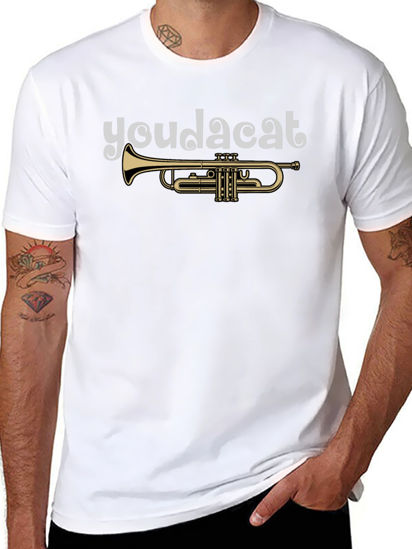 Youda Cat Trumpet Graphic Tee - Black Cotton T-Shirt