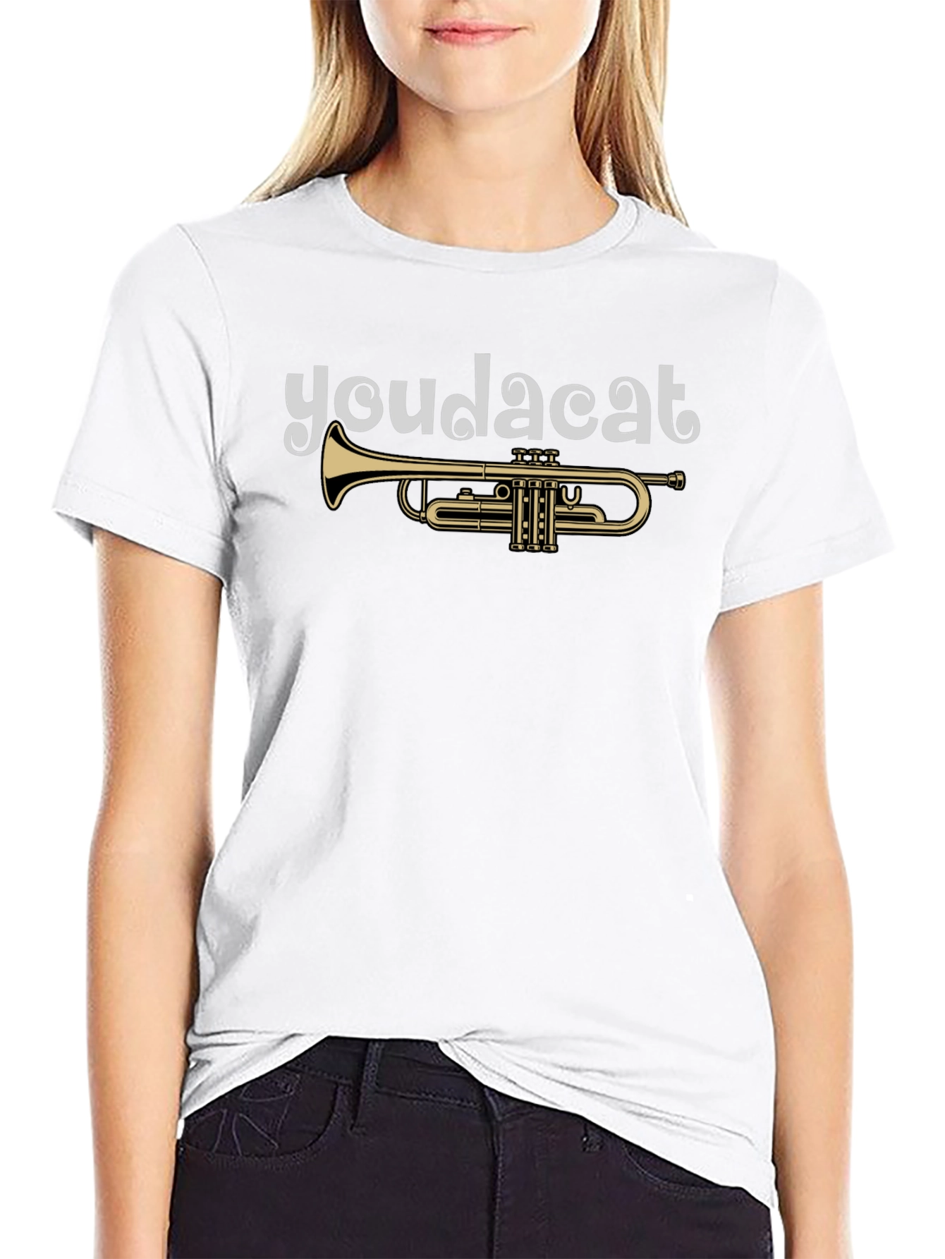 Youda Cat Trumpet Graphic Tee - Black Cotton T-Shirt