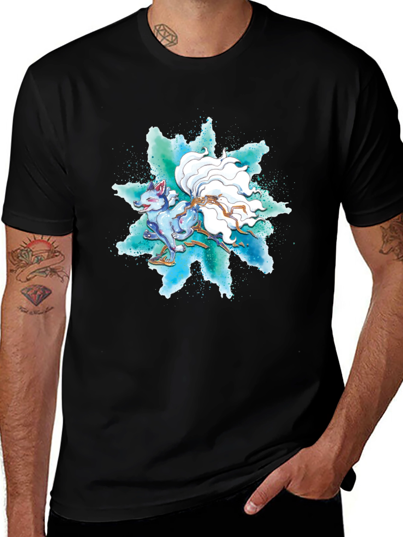 Nine-Tailed Fox Graphic Tee - Black Cotton T-Shirt