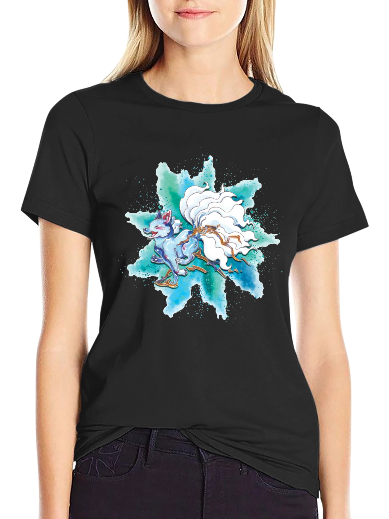 Nine-Tailed Fox Graphic Tee - Black Cotton T-Shirt