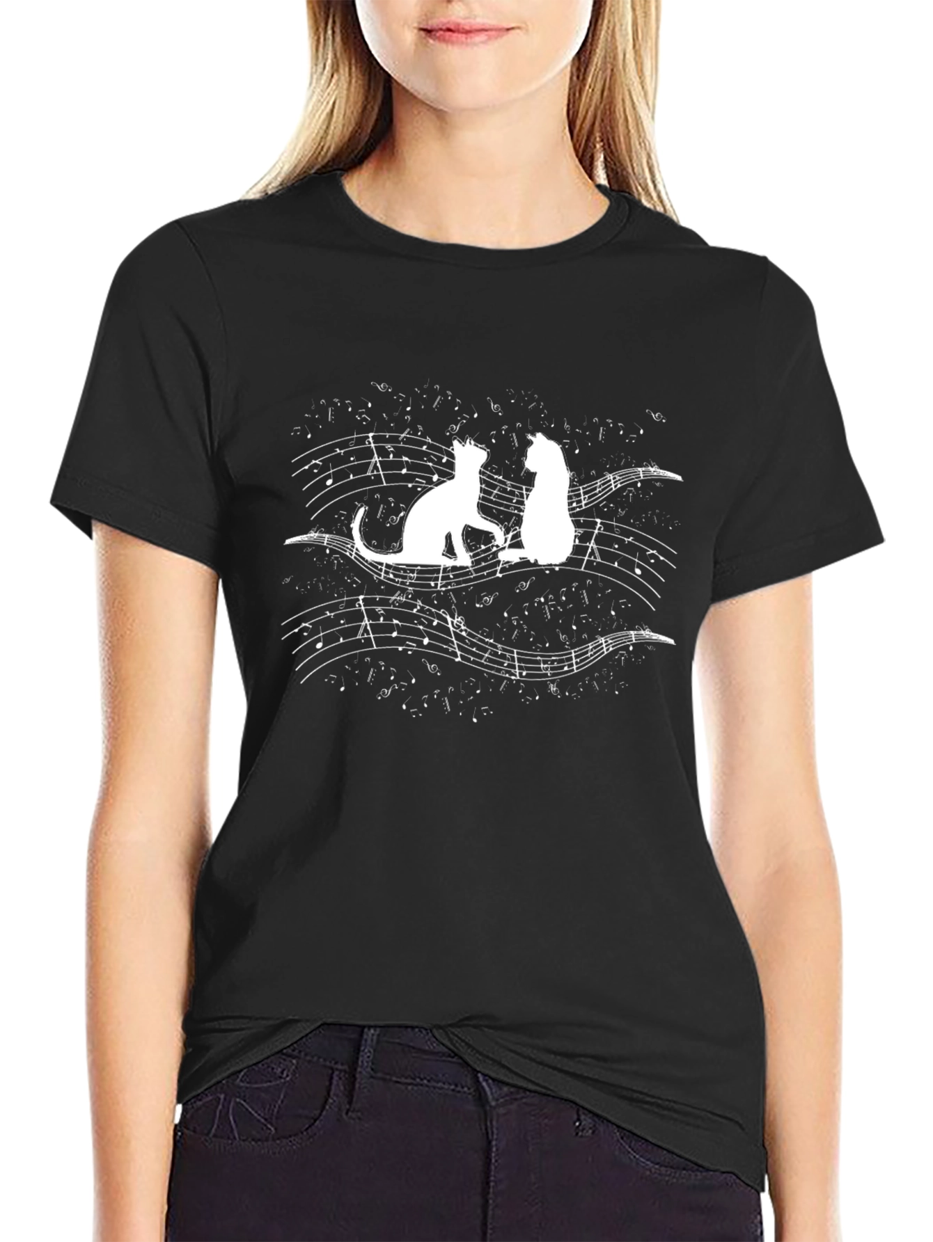 Cats & Music Graphic Tee - Black Cotton T-Shirt