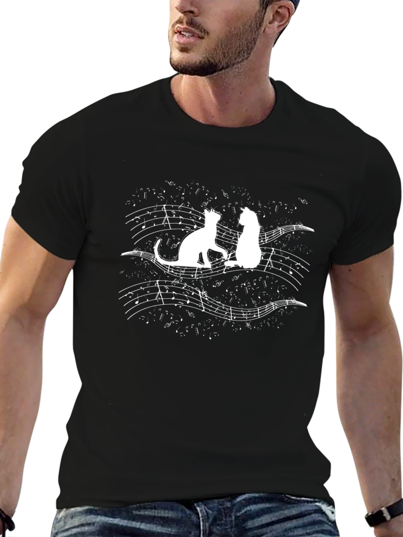 Cats & Music Graphic Tee - Black Cotton T-Shirt