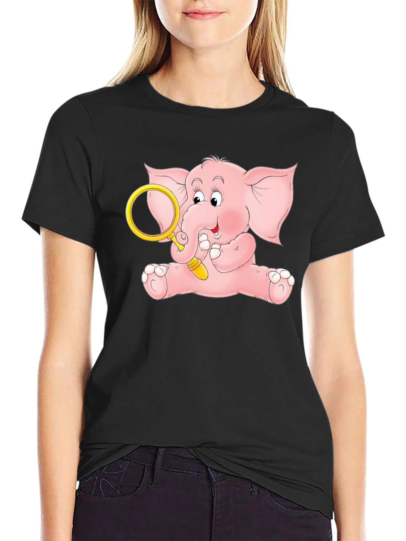 Cute Elephant Graphic Tee - Black Cotton Shirt