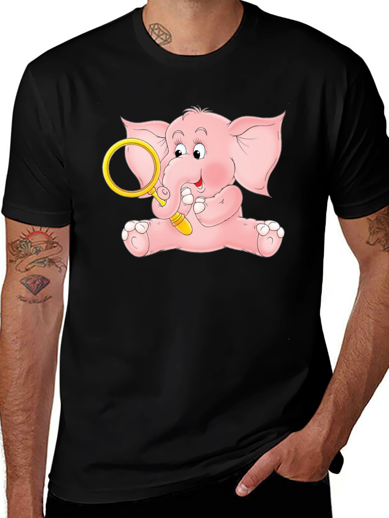 Cute Elephant Graphic Tee - Black Cotton Shirt
