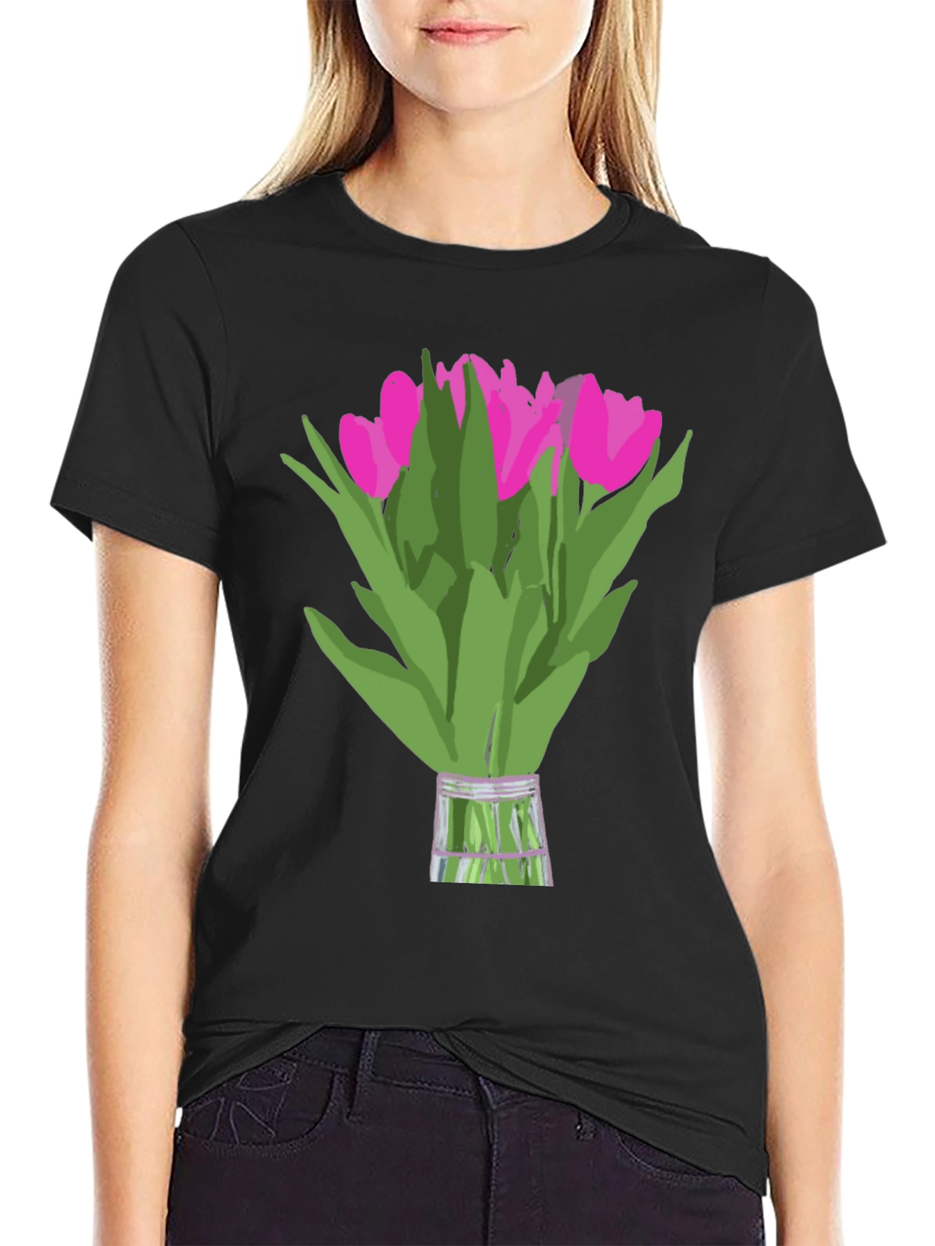 Floral Graphic Tee - Pink Tulips on Black