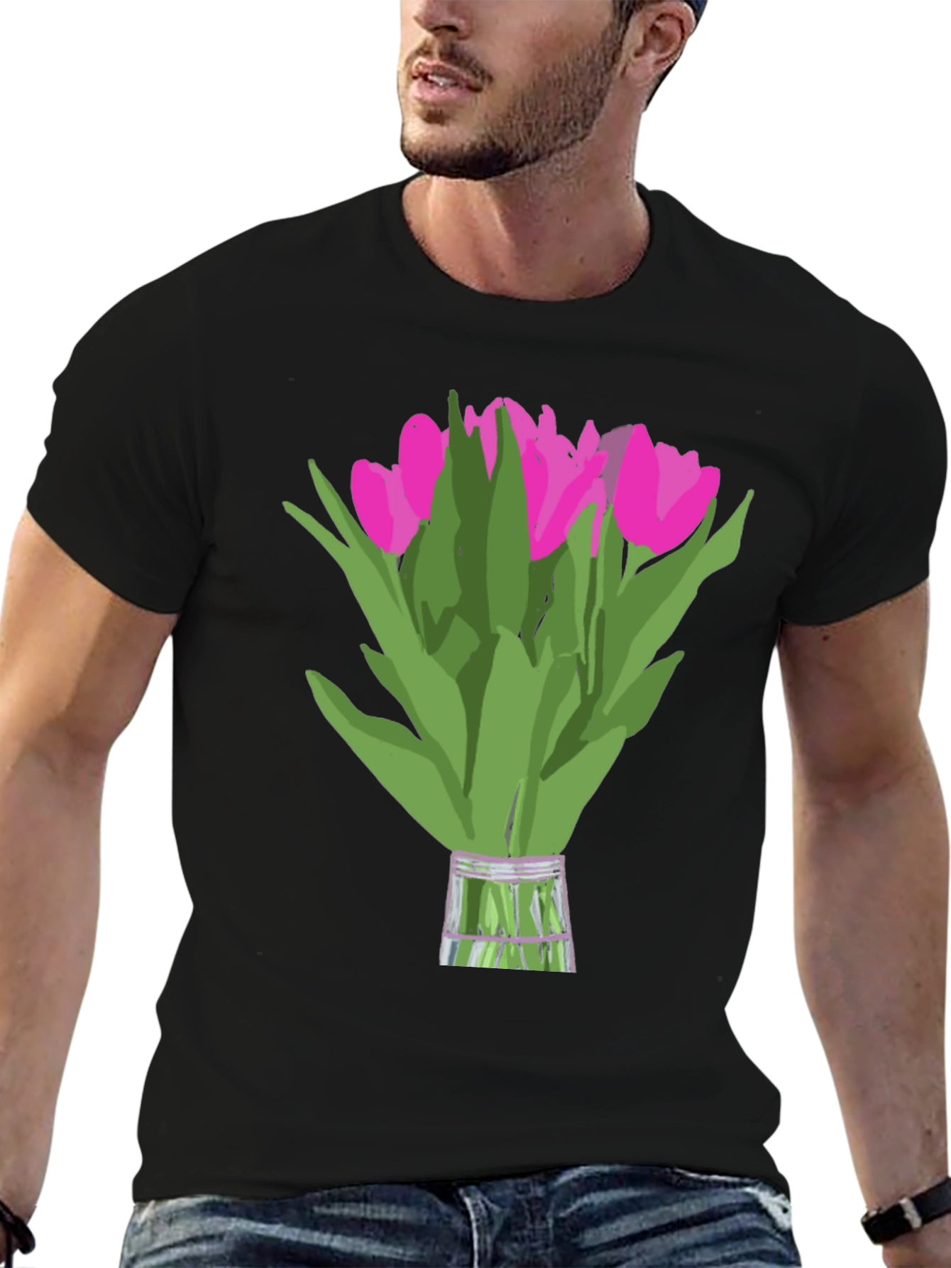 Floral Graphic Tee - Pink Tulips on Black