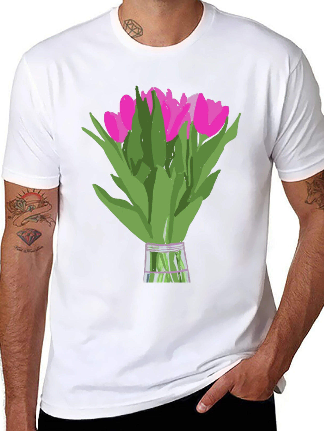 Floral Graphic Tee - Pink Tulips on Black