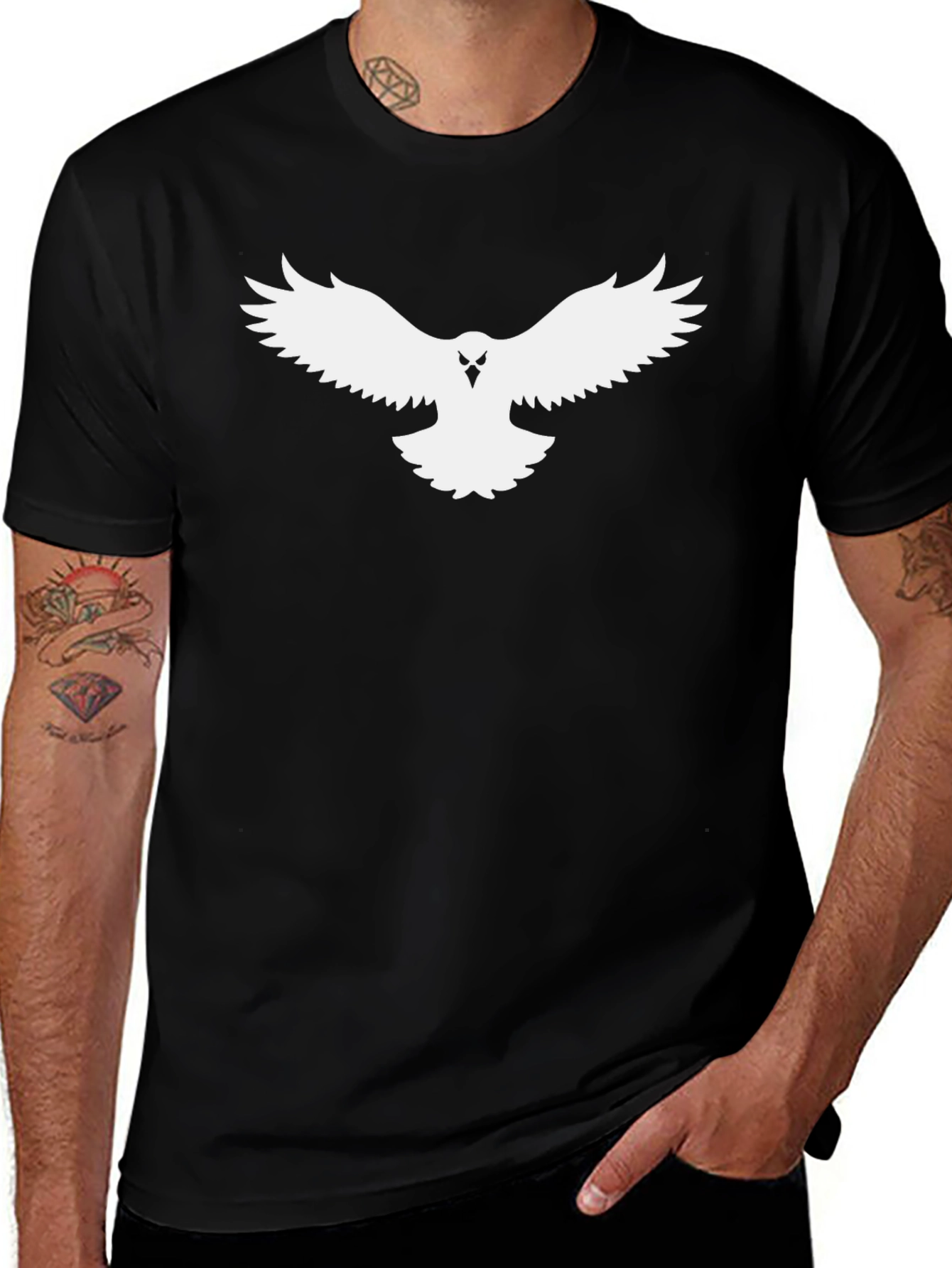 Black T-Shirt with White Bird Graphic