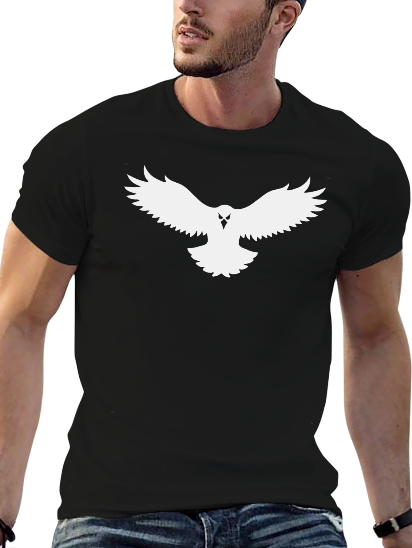 Black T-Shirt with White Bird Graphic