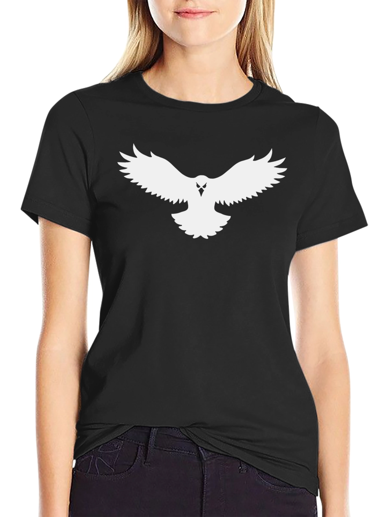 Black T-Shirt with White Bird Graphic