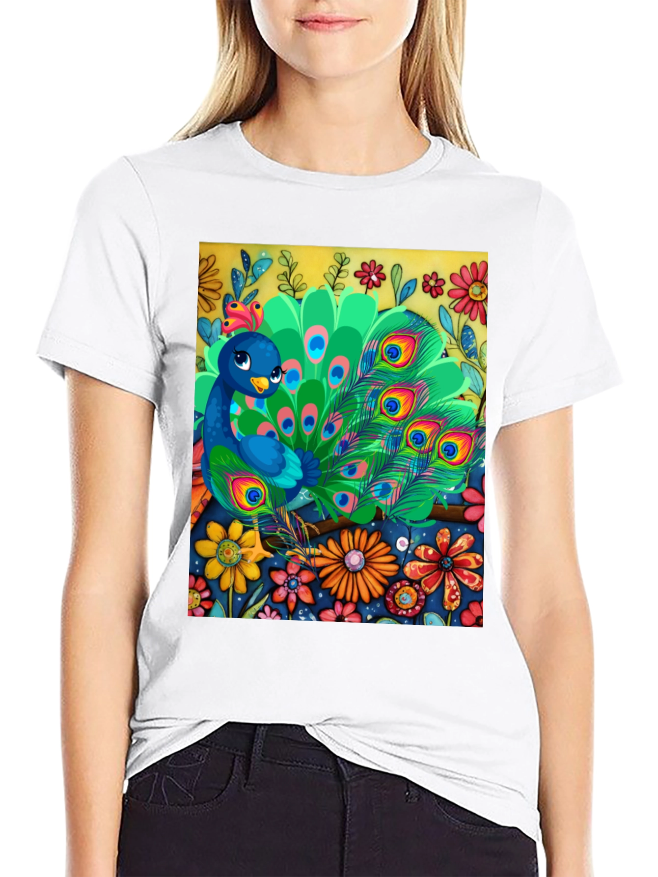 Peacock Floral Graphic Tee - Unique Art Design