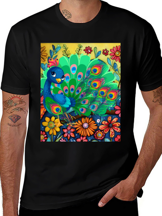 Peacock Floral Graphic Tee - Unique Art Design