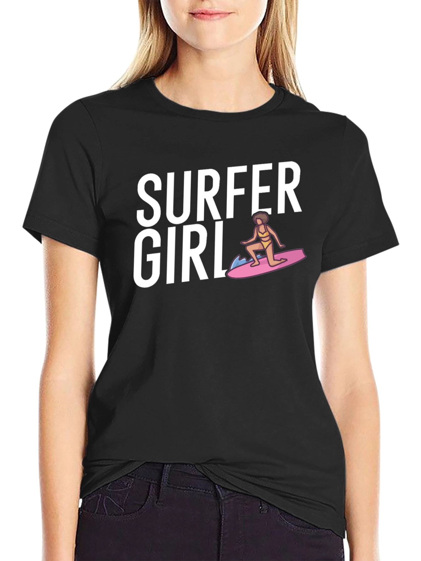 Surfer Girl Graphic T-Shirt - Black Cotton Tee