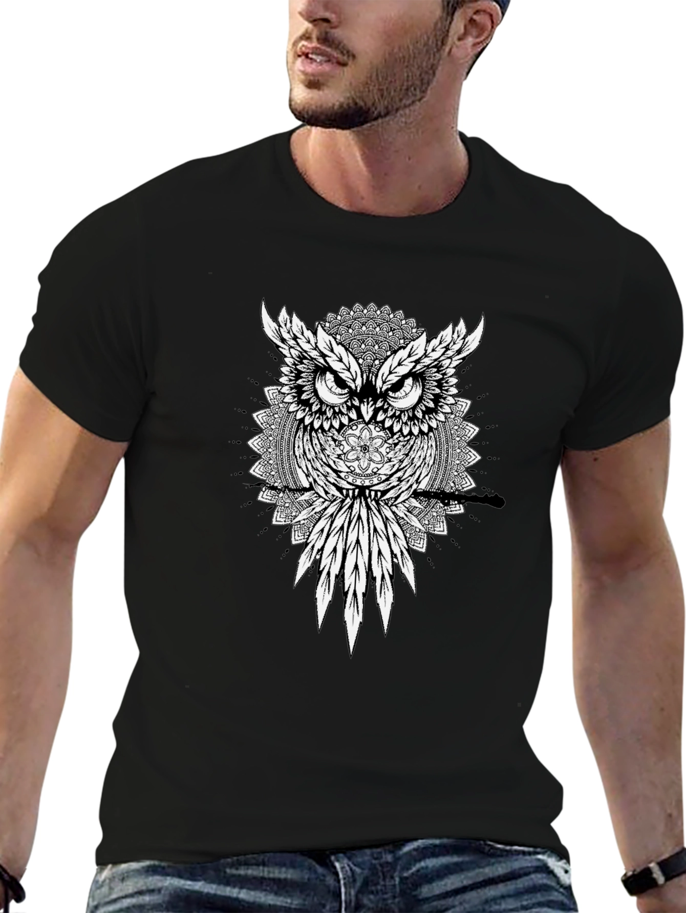 Owl Mandala Graphic Tee - Mens Black T-Shirt