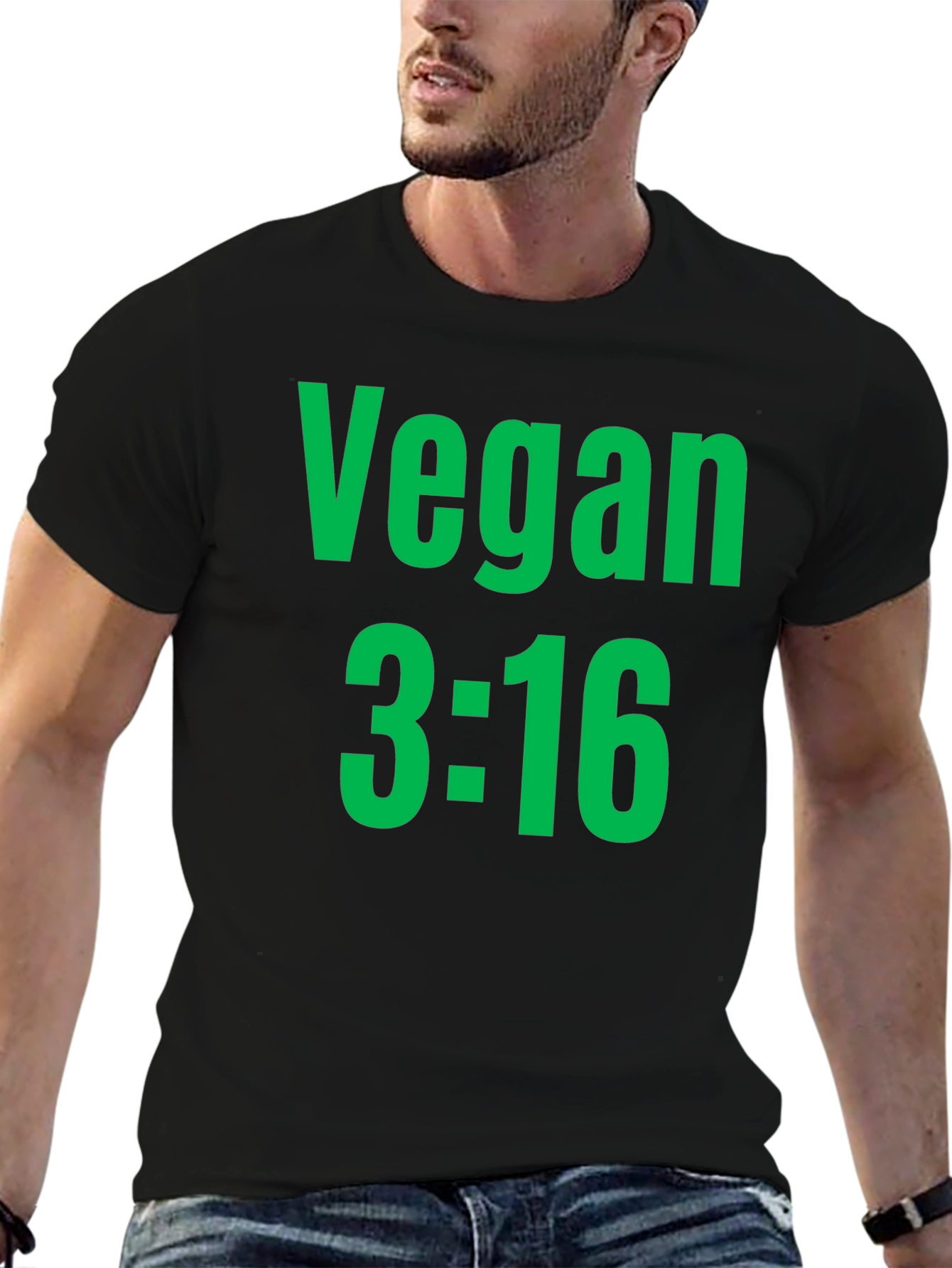 Vegan 3:16 T-Shirt - Bold Green Print on Black