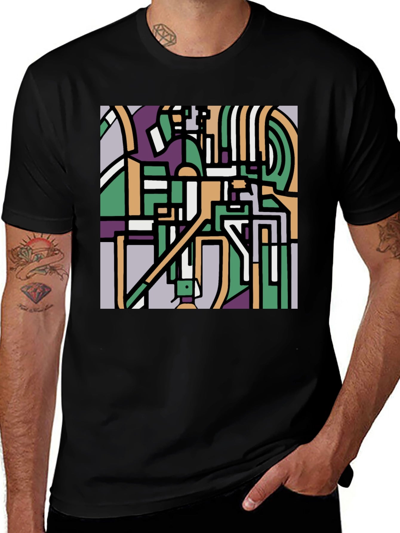 Abstract Art Tee - Geometric Print Black T-Shirt