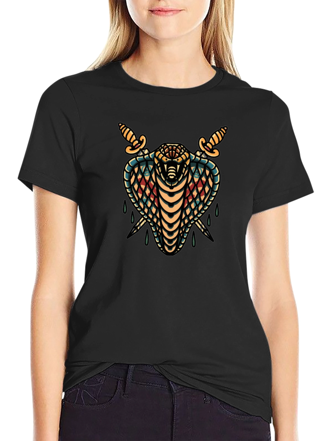 Mens Black T-Shirt Cobra & Daggers Graphic Tee