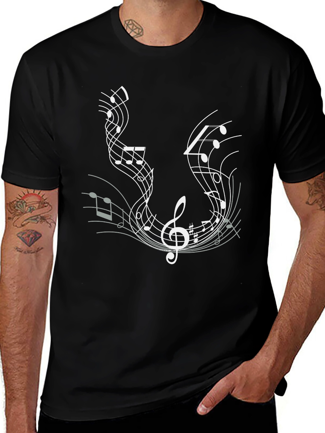 Music Notes Graphic Tee - Black Cotton T-Shirt