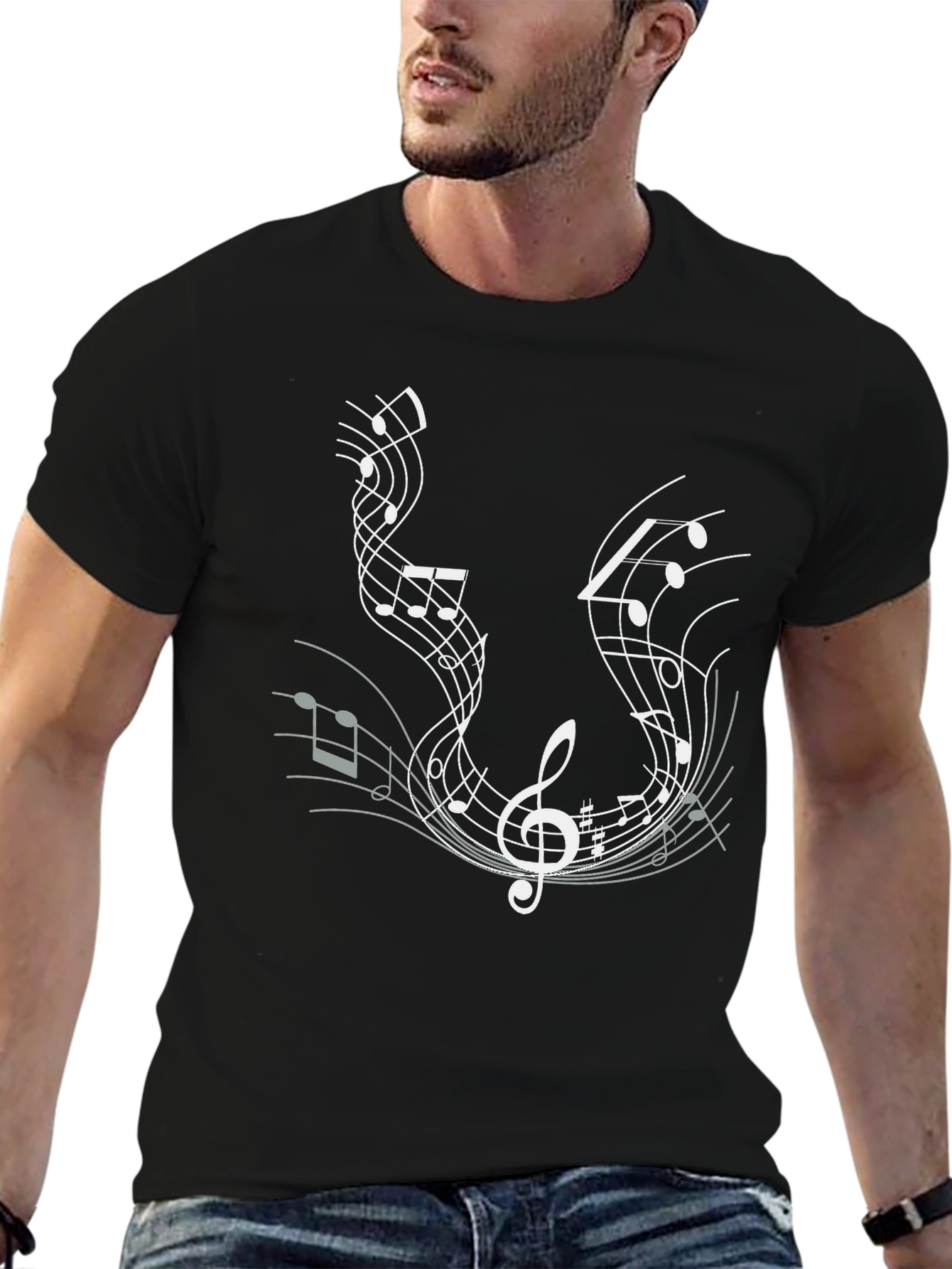 Music Notes Graphic Tee - Black Cotton T-Shirt
