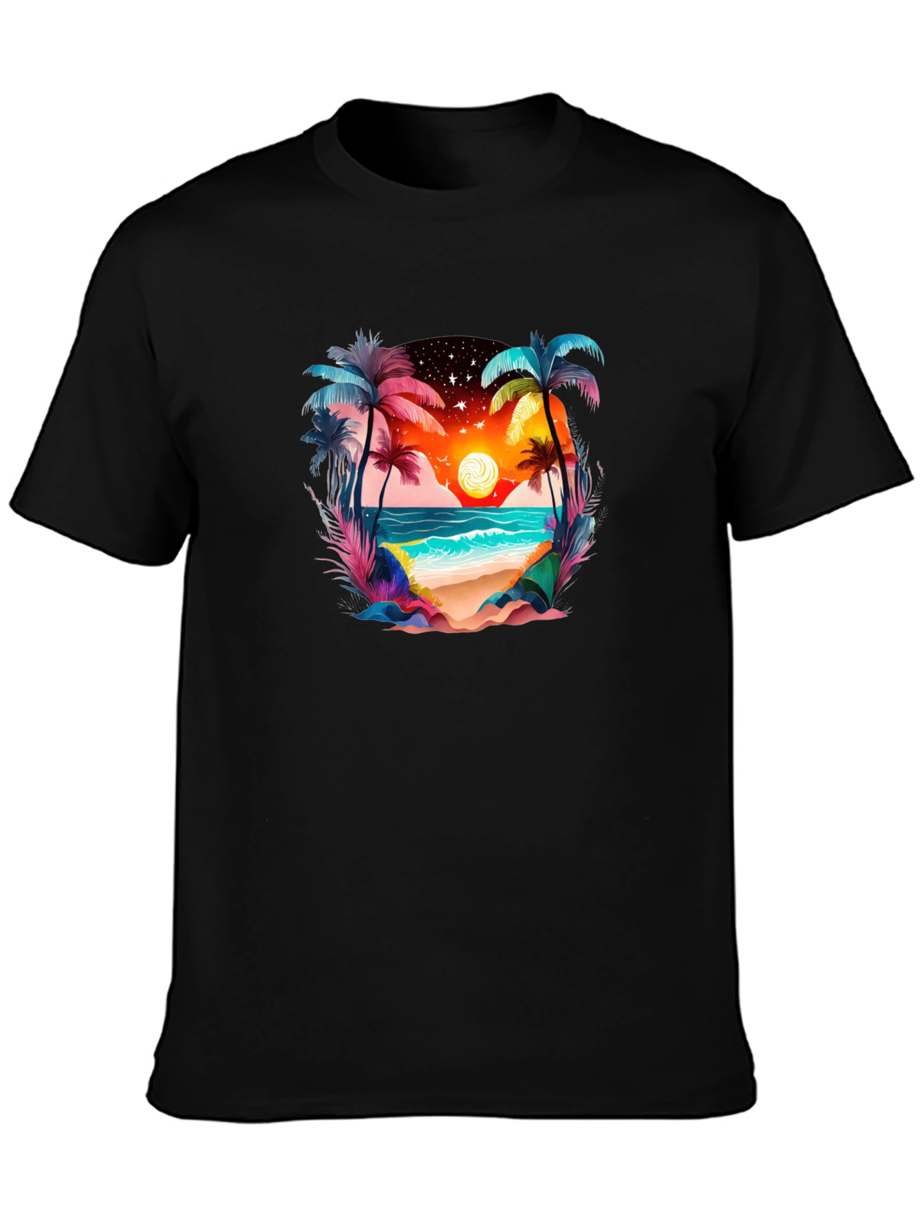Tropical Beach Sunset Graphic Tee - Black