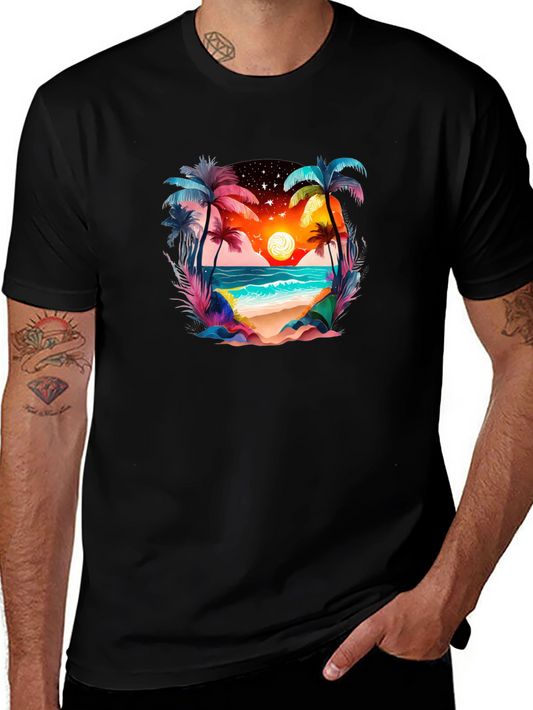 Tropical Beach Sunset Graphic Tee - Black