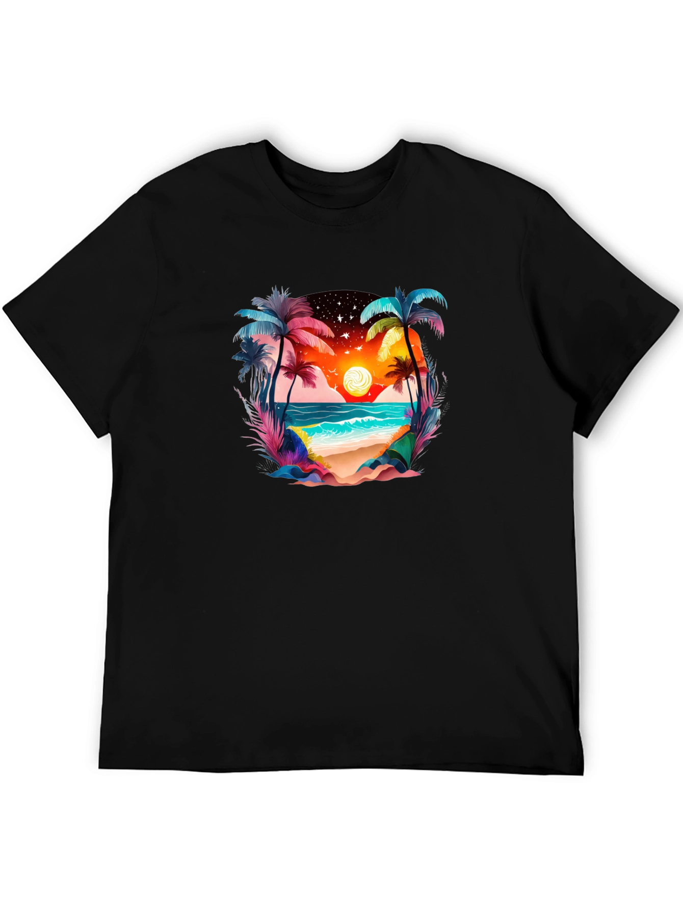 Tropical Beach Sunset Graphic Tee - Black