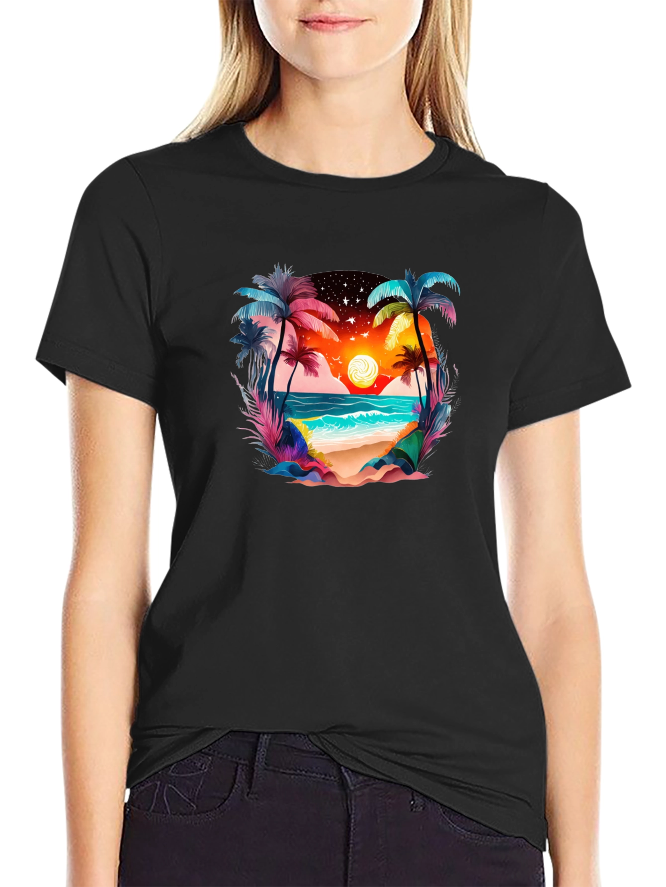 Tropical Beach Sunset Graphic Tee - Black