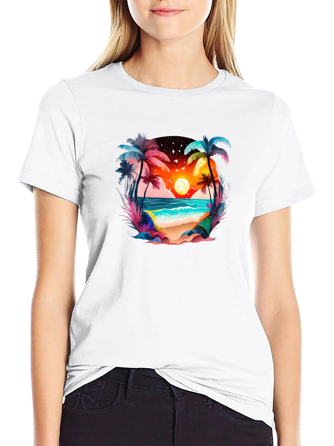 Tropical Beach Sunset Graphic Tee - Black