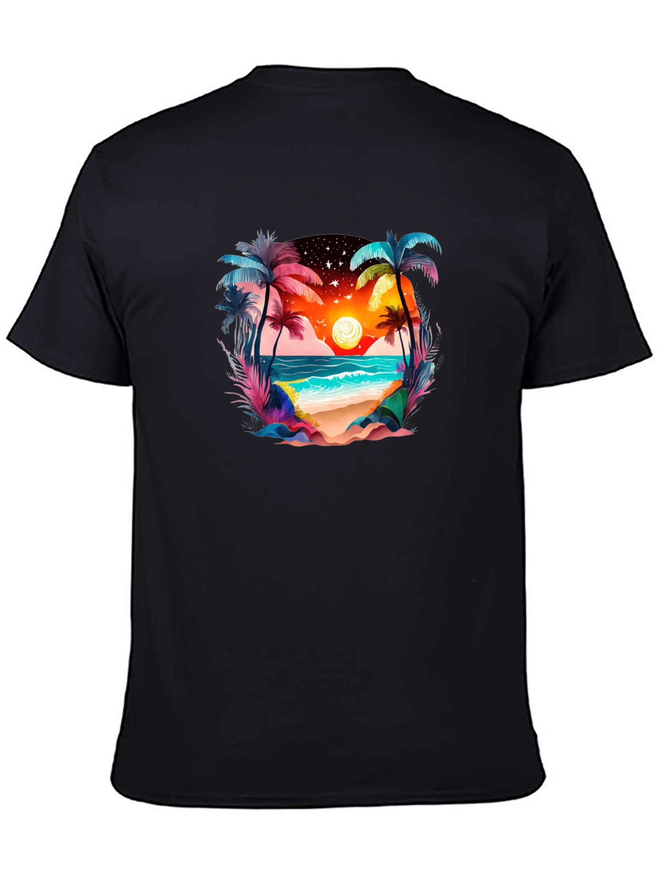 Tropical Beach Sunset Graphic Tee - Black