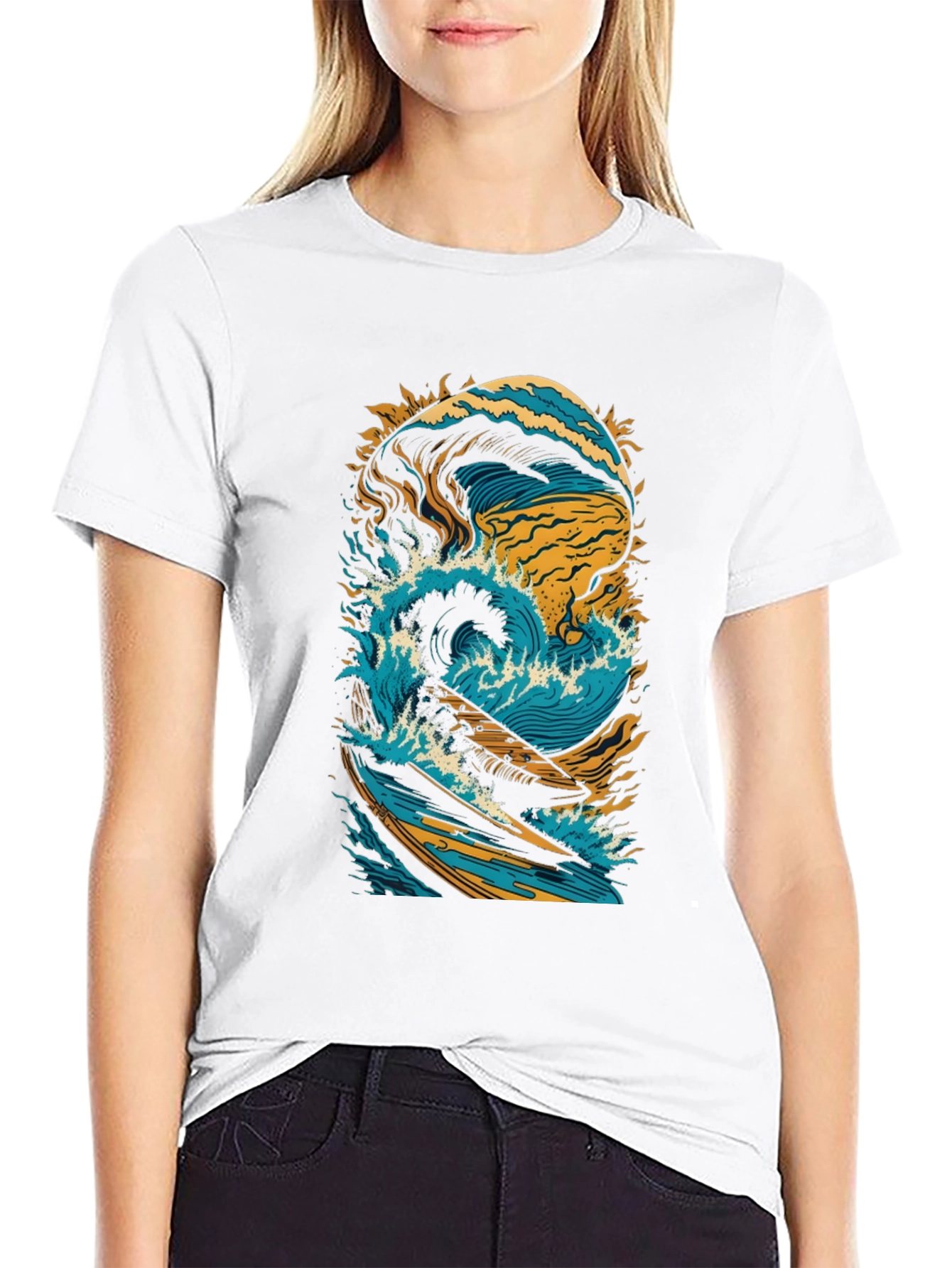 Surfing Wave Graphic Tee - Black Cotton Shirt