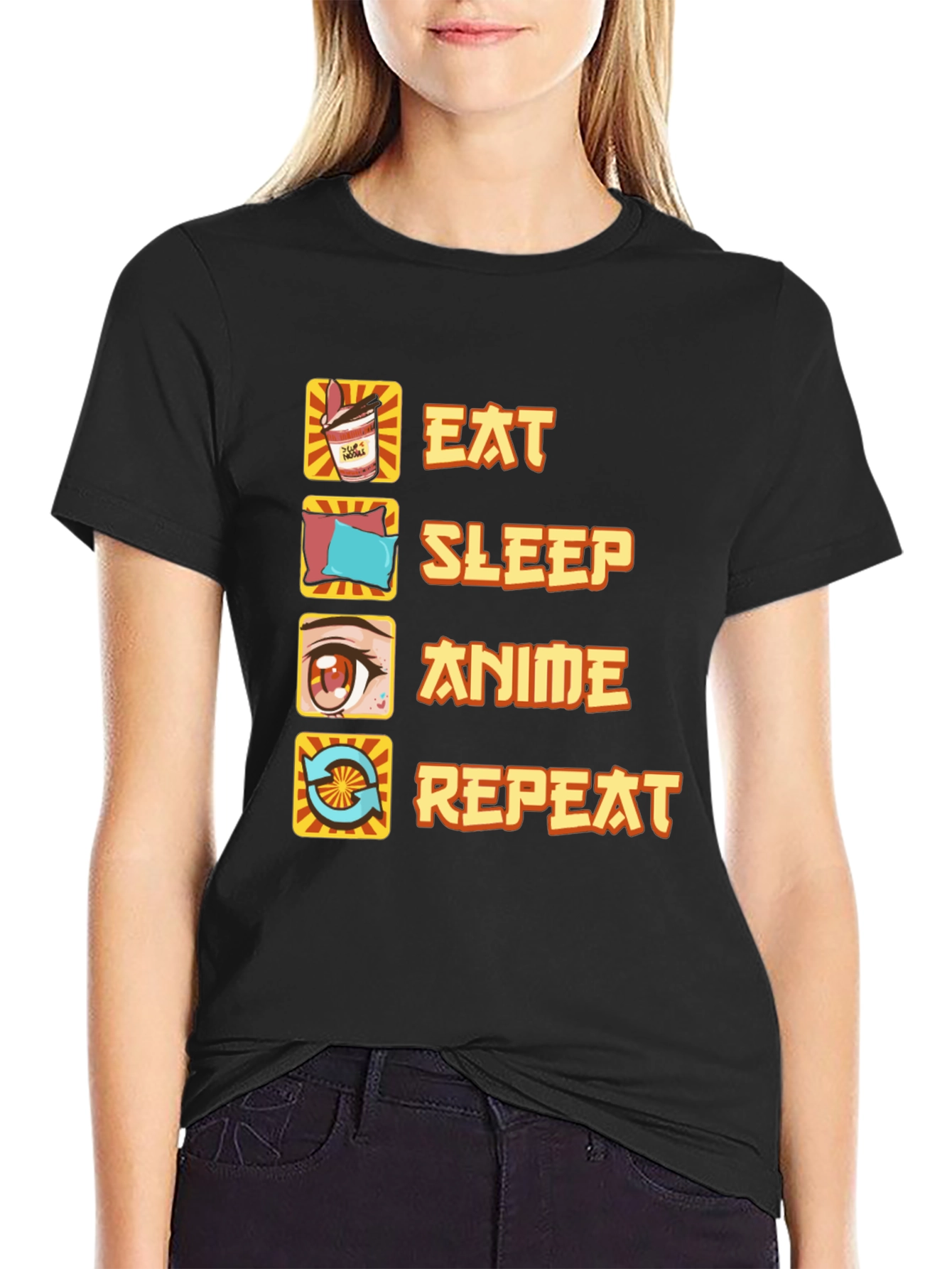 Eat Sleep Anime Repeat Black T-Shirt
