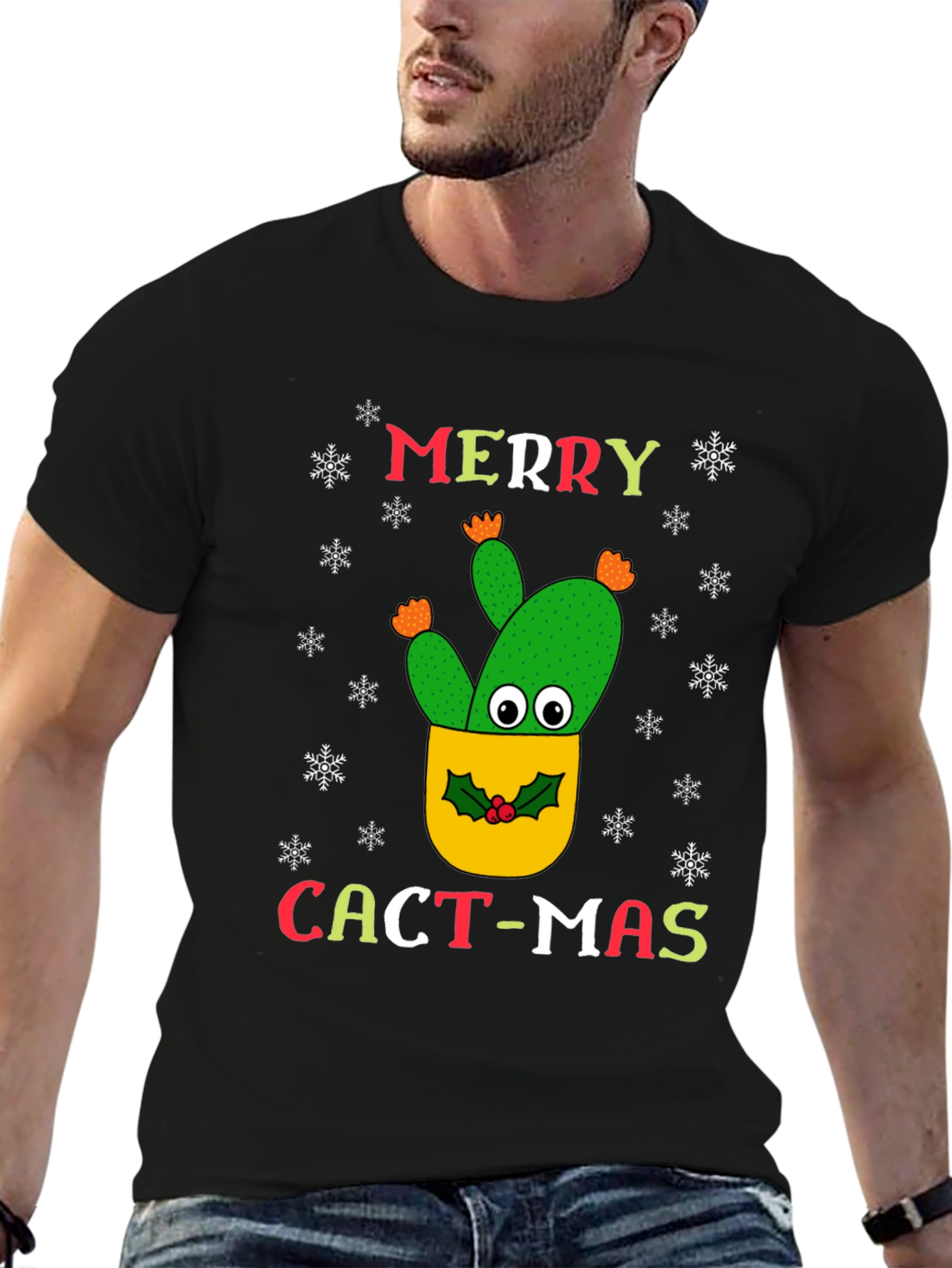 Merry Cact-Mas Black T-Shirt - Christmas Cactus Tee