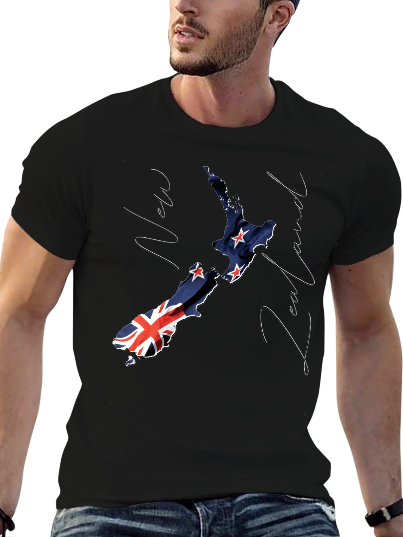 New Zealand Flag Map Black Graphic T-Shirt